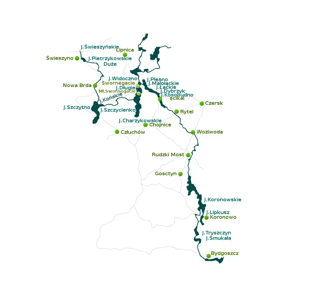 Mapa szlaku kajakowego Brdy z kilometrażem i oznaczeniami