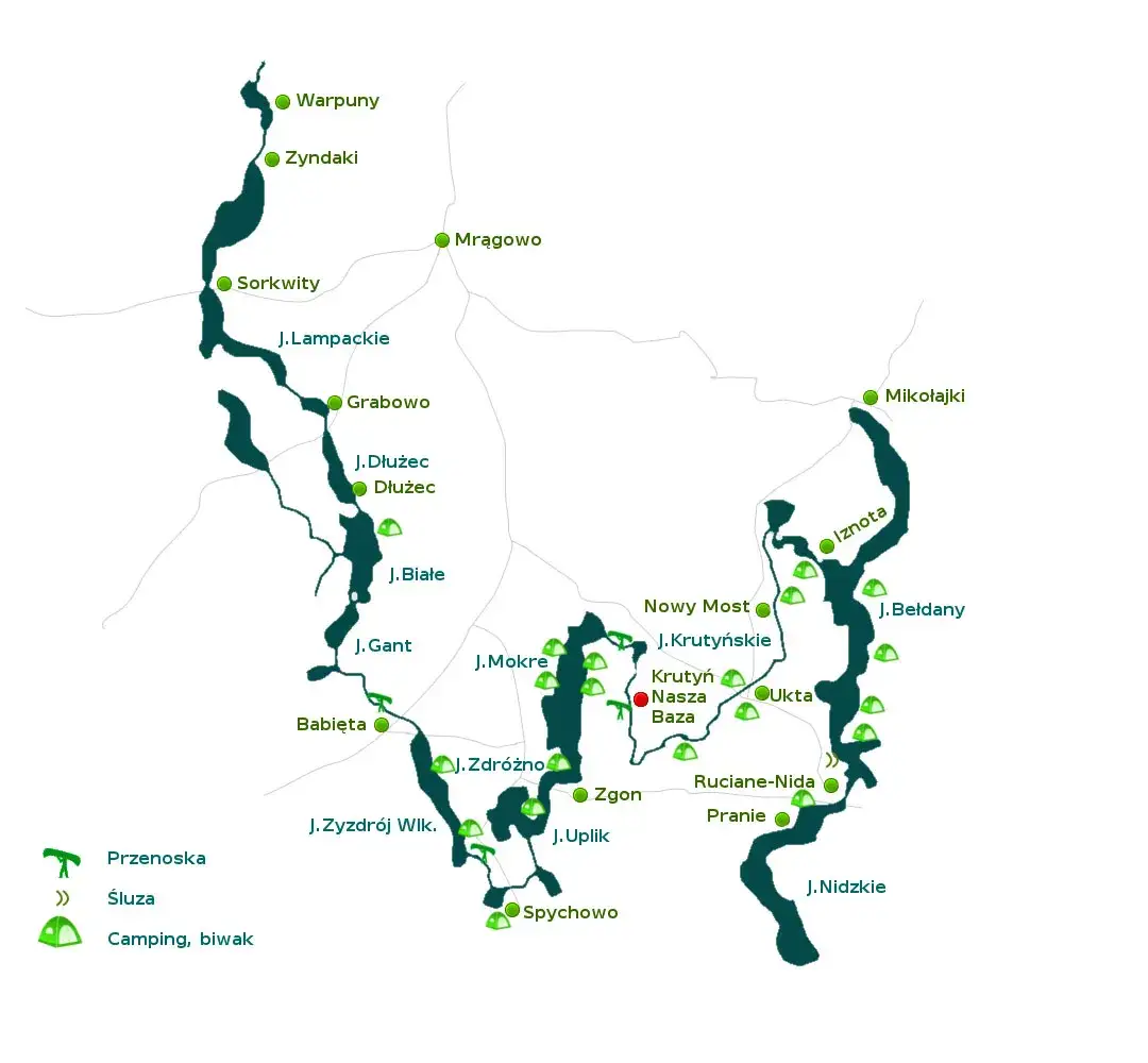 mapa szlaku krutyni z miejscowościami